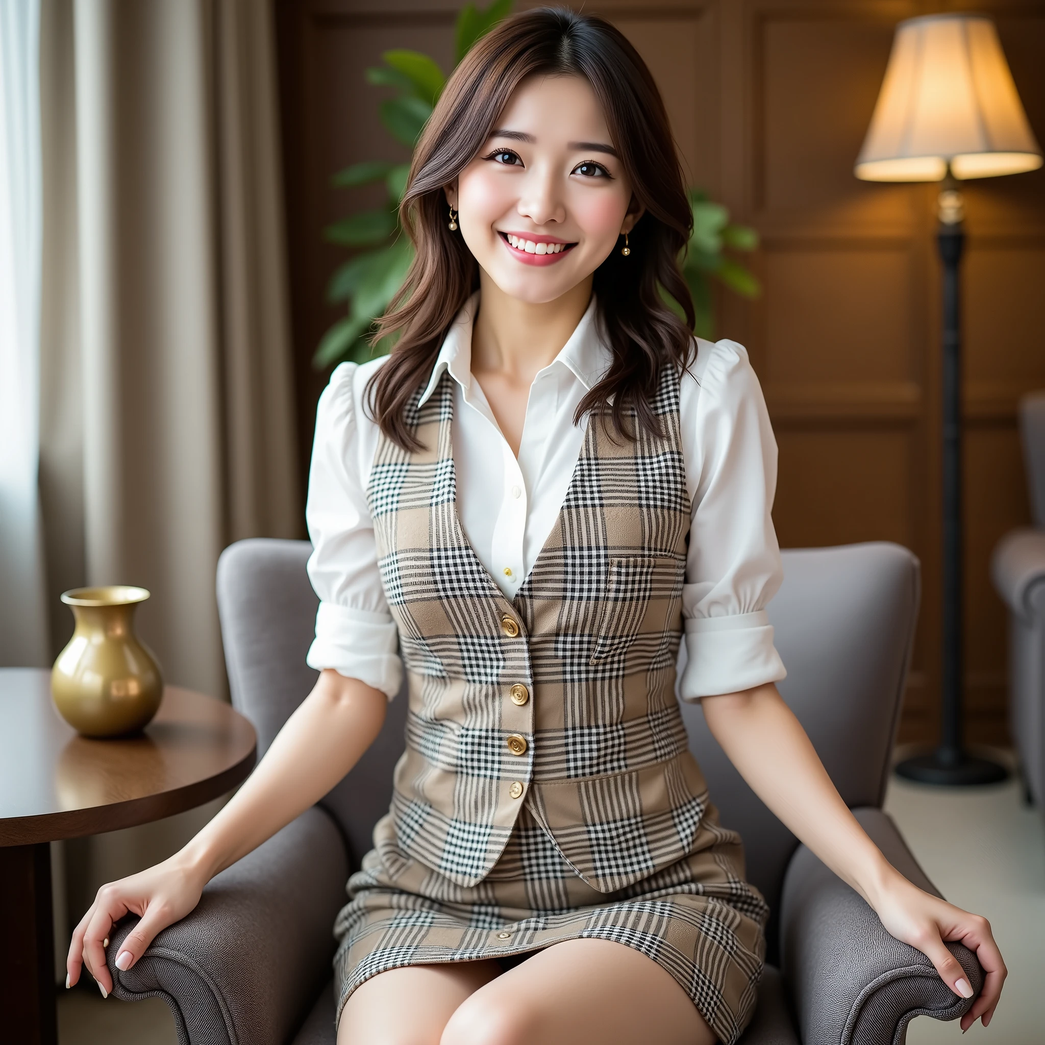 『 1 Japanese:1.3』『raw photo:1.3』top quality:1.aggy 、 narrow waist :1.howing teeth、((20ageの女性))、 No makeup『smiling:1.9』、(((is anatomically correct、perfect anatomy、is anatomically correct指)))、realistic, top quality, super high resolution, RAW photo, (Narrow waist:1.aggy Eyes、Round face outline, (raw photo:1 . 2) , (photorealistic) , (Genuine:1 . 4) , 1、perfect 、20age、looking at camera、medium long hair、 Plaid Vest 、((and put your left hand inside the:1 . uper realistic pantyhose:1 . 2) , (Hands on your seat)、(business service)、(very affectionate smile:1 . 2)、in a luxury hotel room、