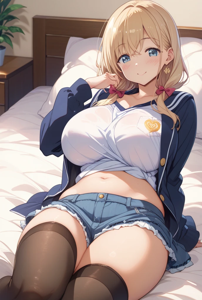masterpiece, highest quality, Super detailed illustrations, official art, bonfire \(xenoblade\), smile, blush, (chest), (Beige School Cardigan, bow tie, cleavage, check pleated skirt, lift skirt, panties:1.3), camel toe, barefoot, Bedroom, oily skin, shiny skin,