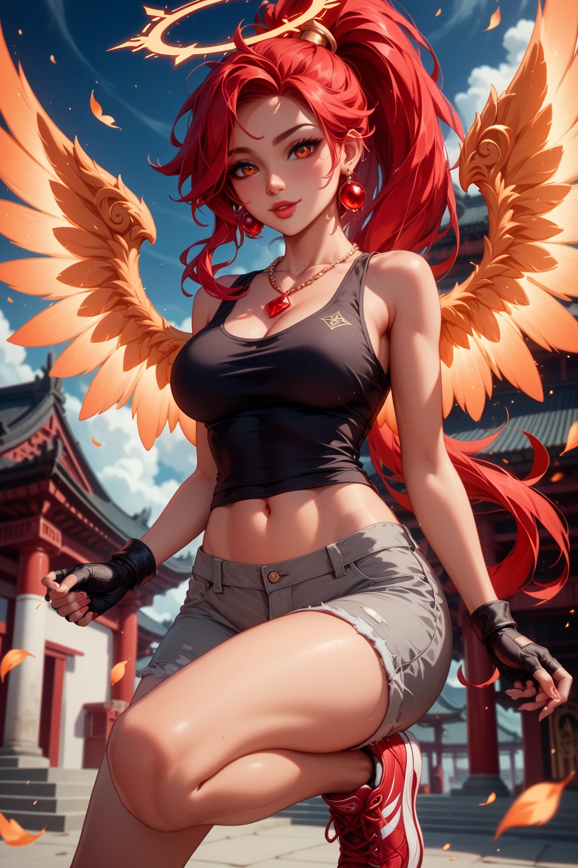 (Vast sky, beautiful horizon, large pasture: 1.2+ intense and dramatic graphics, moving visuals: 1.3+ hanging North Star, colorful natural light: 1.3), (top with neckline, (1girl with angel wings), (angel wings on the back), sensual, thick legs, large breasts, thick lips with red lipstick, thin waist, wide hips, short Japanese high school skirt), (back, dynamic), (detailed character modeling: 1.2, natural skin tone, delicate texture), (beautiful girl, dynamic posture, confident posture: 0.2+ flowing long hair (red hair: 0.9+ red hair: 1.2), with femininity and temperament: 1.3+ beautiful face, witty and cute expressions and eyes), (large pasture in the background) + (rendering of natural light, light and shadow: 1.3), (shooting angle, long lens, light illumination, Low-cut clothing