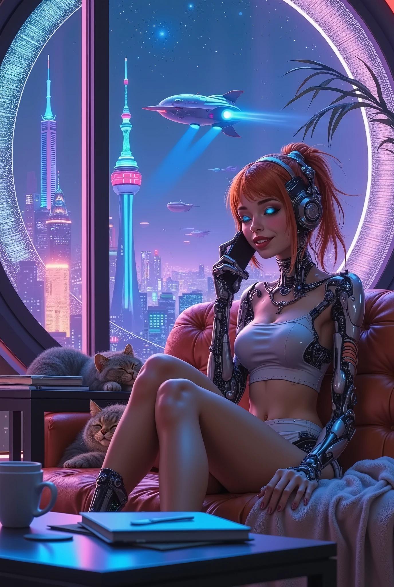 A friendly cute robot girl with a humanoid face, soft glowing eyes and an elegant mechanical body, dressed in short homemade shorts and a crop top. She is talking cheerfully and enthusiastically on the phone, sitting on the couch in a cozy futuristic room with a view of the night city. There's a cappuccino cup on the table next to it. There are holographic screens, books, and soft blue-violet lighting all around. His expression is warm and interested, like that of a close friend. Inside, there is a futuristic living room, a large window with a view of the city, a leather sofa, a soft and cozy blanket. A red-haired cat is sleeping on the couch. From the huge window you can see an abstract background resembling a futuristic city, Spaceships flying through the huge window, skyscrapers made of glass and concrete. Style: cyberpunk, but with an emphasis on emotionality and comfort. The detail is high, the atmosphere is trusting.