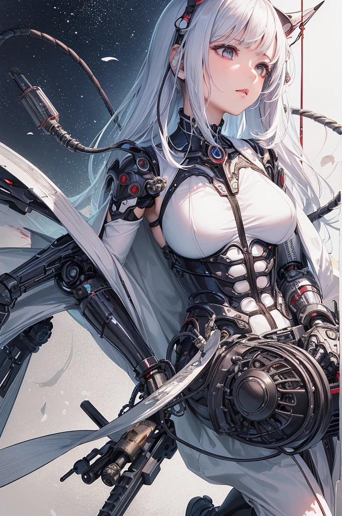 (Masterpiece, Top Quality, Best Quality, Official Art, Beautiful Indulgence: 1.2), (1 Girl: 1.3), Very Detailed, Colorful, Supreme Detail ((Ultra Detailed)), (Highly Detailed CG Illustration), (Very Delicate and Beautiful)), (From the Side), Cinematic Light, (1 Machine Girl)), Solo, Full Body, (Mechanical Joints: 1.2), ((Mechanical limbs)), (Blood vessels connected to tubes), ( Mechanical vertebrae attached to the back), ((Mechanical cervical vertebrae attached to the neck)), expressionless, (Wires and cables attached to the neck: 1.2), (Head wires and cables: 1.2) (Character focus), (Lower body integrated with mechanical devices), Science fiction, White background, (Blood: 1.5), cruelty, absurdity, erotic rotesque, fusion with machines