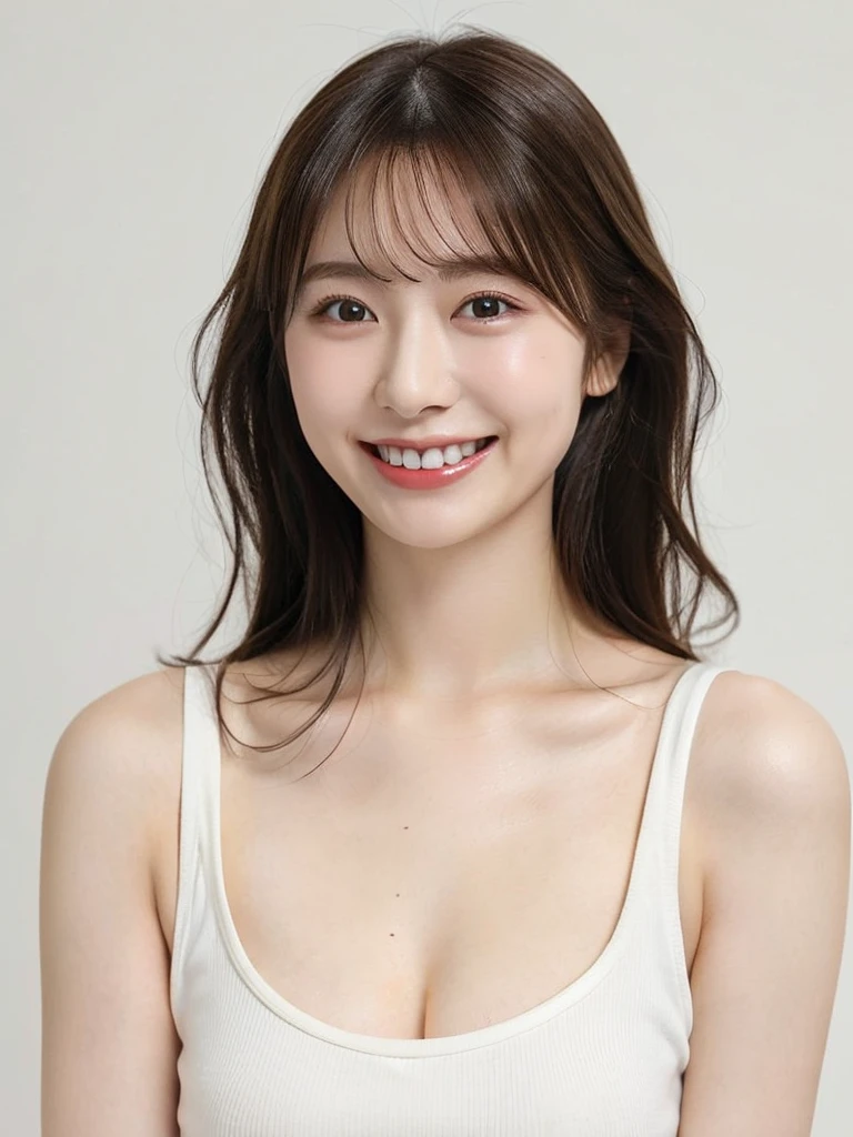 1girl, 25years old woman, cute face, Small breasts, medium breasts, beautiful face, (perfectly detailed face), ((looking at viewer)), Simple Background, ((white background)), ((white wallpaper)), White skin, (bright lighting:1.2), perfect lighting, light smile, photorealistic, (bokeh), UHD, anatomically correct, highres