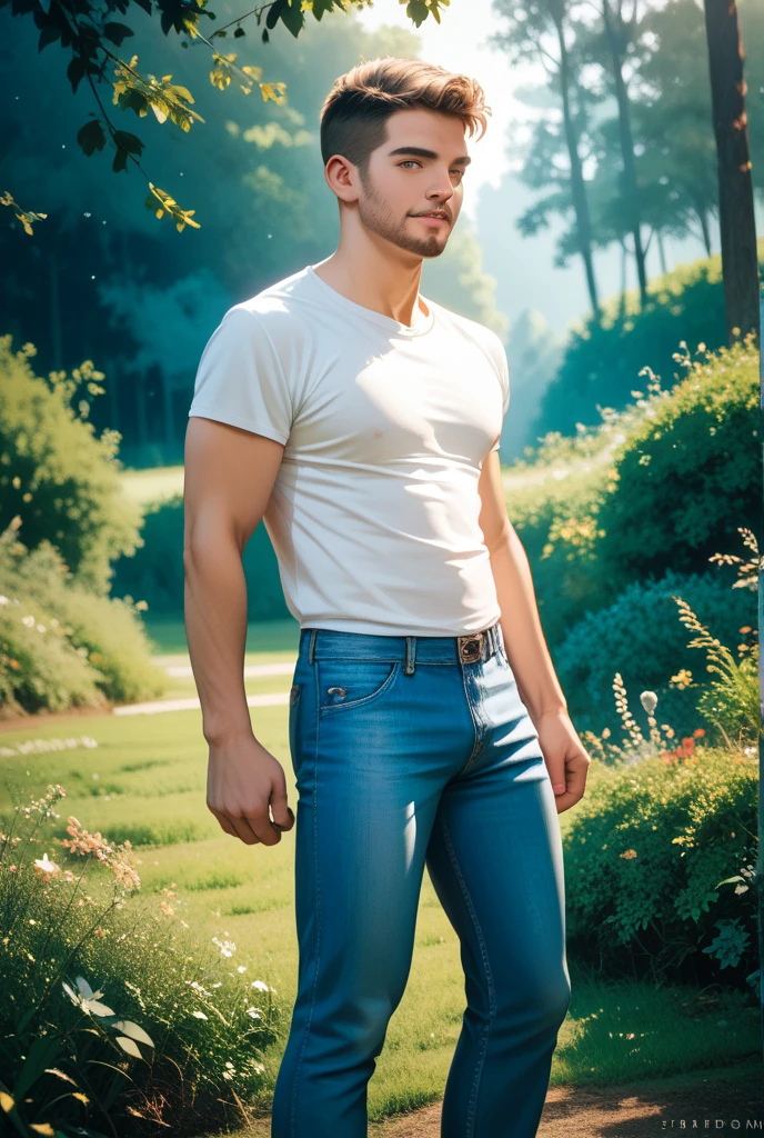 Young cute handsome white skinny beautiful face without shirt naked standing next to a horse, white cute butt of man hat