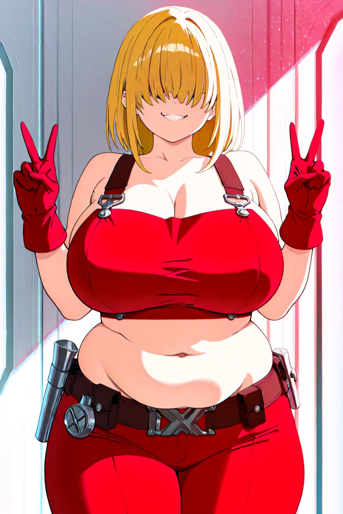 Hellsing ultimate, 1girl, front view, gigantic tits, blue jumpsuit, jumpsuit, d, striped thighhighs, red thighhighs, dutch angle, best quality, amazing quality, very aesthetic, absurdres, blonde hair, seras victoria, hellsing, seras, arms behind back, smug, indoors, solo, solo focus, BDSM dungeon room, BDSM dungeon, dungeon room, BDSN equipment, sex dungeon