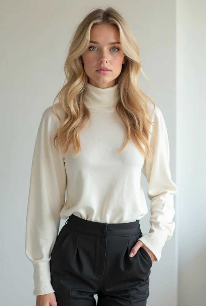 Photo of a gorgeous blonde, she is wearing an off-white skinny tight ribbed turtleneck sweater