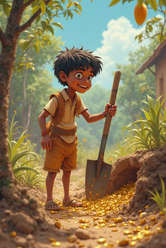 "A young village boy, Ramoo, working hard in a rural field with a sunset in the background, showing determination and ambition."