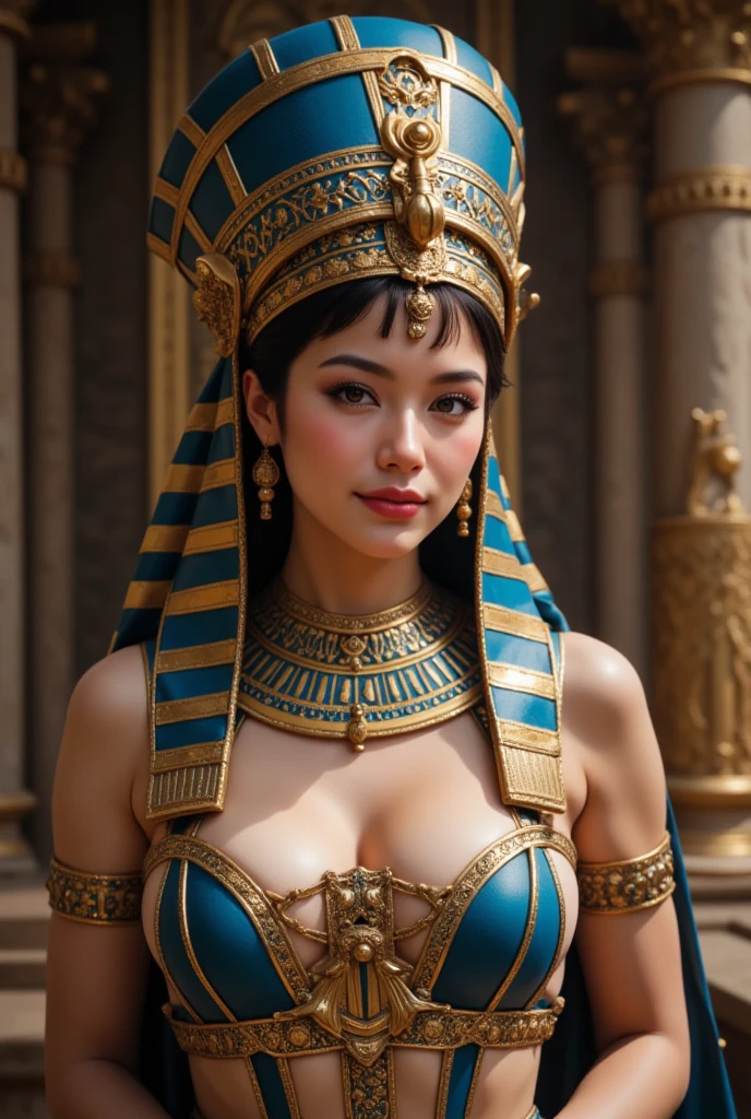 (High quality), (masterpiece), (detailed), 8K, Hyper-realistic illustration portrays a (Japanese girl1.2) with a confident pose, adorned in (Egyptian-inspired fantasy attire1.3). Her (elaborate gown1.3) features (ancient Egyptian motifs1.3) and a (golden ankh1.3) necklace. (Tattooed hieroglyphics1.2) on her exposed (upper body1.3) hint at hidden powers. (Warm lighting1.2) enhances the (cultural fusion1.3).