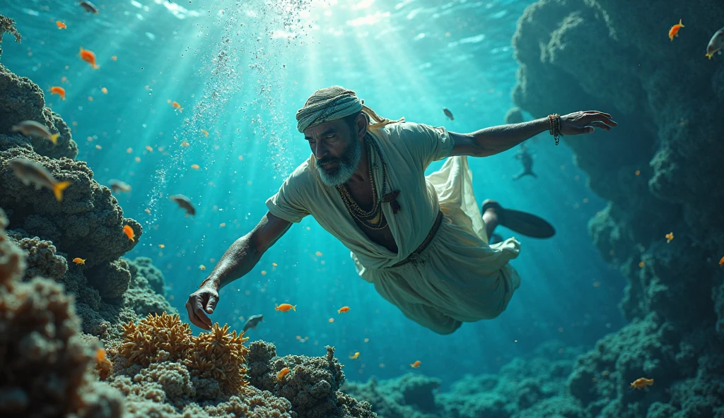 Masterpiece, a man, under the sea, breathing air, dressed in blue, oceanic background, godly eminence