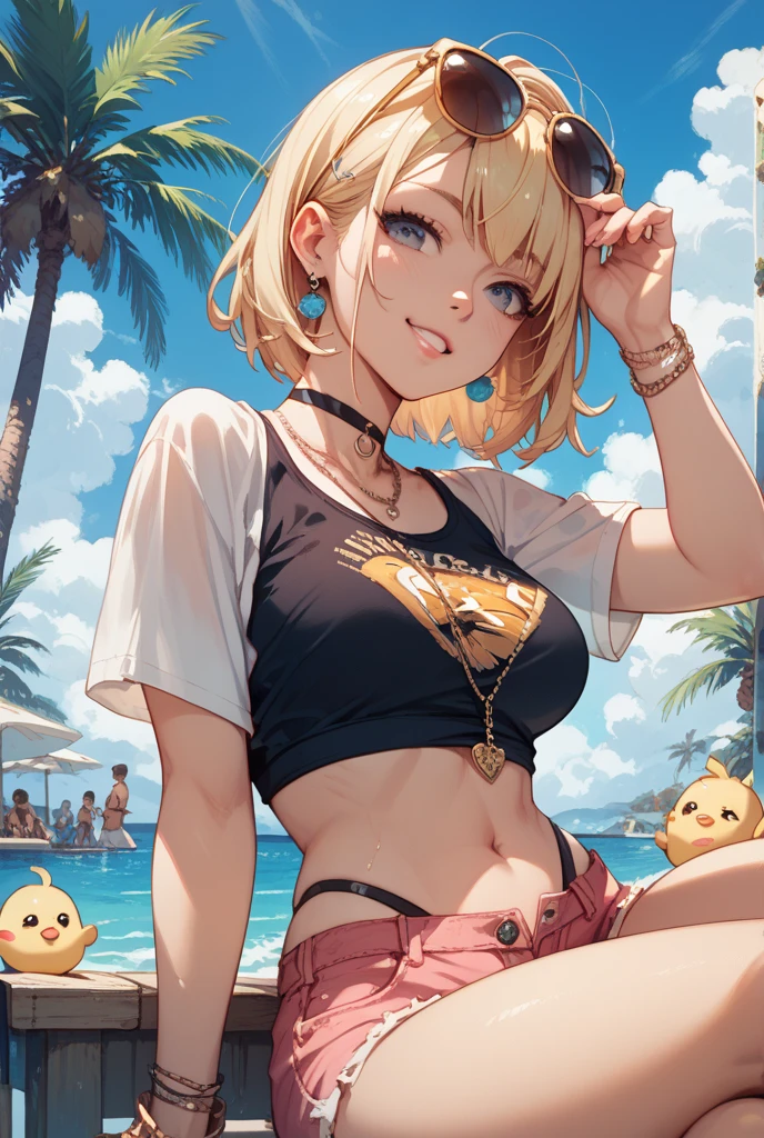 (highest quality, High resolution, perfect pixel, Depth of bounds written, 4K), (from front), beach, detailed eyes, (1 lady), tall, (skinny body:1.2) , (thin thighs:1.2), (Narrow hips), large breasts, blond hair, (ponytail:1.2), (yellow), (denim short pants bikini:1.2), (unbutton), (cross halter bikini), (rio cut pants), (panty strap:1.2), (standing), left Hand on Hip, (light smile), blush, sweat,