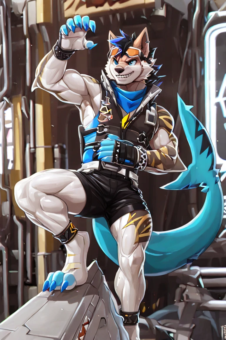 Furry,wolf boy,White fur,crystal blue eyes,Single fluffy tail,greyt hair,short detailed hair,summer day,dive,Wear diving goggles,masculine features,Squat,asshole,bulge,Sexy latex robot, kicking,penisrobot,(bigbulge)