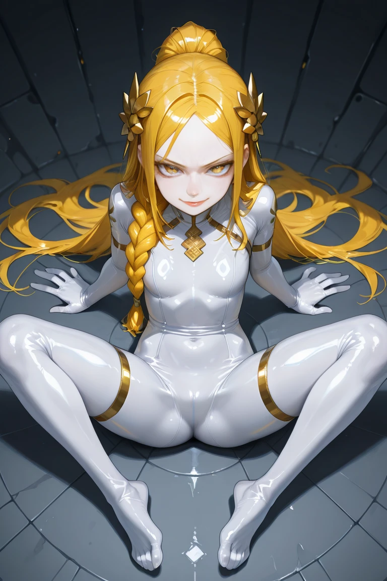 golden hair、beautiful young woman、kind eyes、full nude、twin tail hairstyle、yellow ribbon hair ornament、nipple、small areola、armpit hair、pubic hair、anus、、spread legs、Splashing semen、dripping semen、large amount of semen