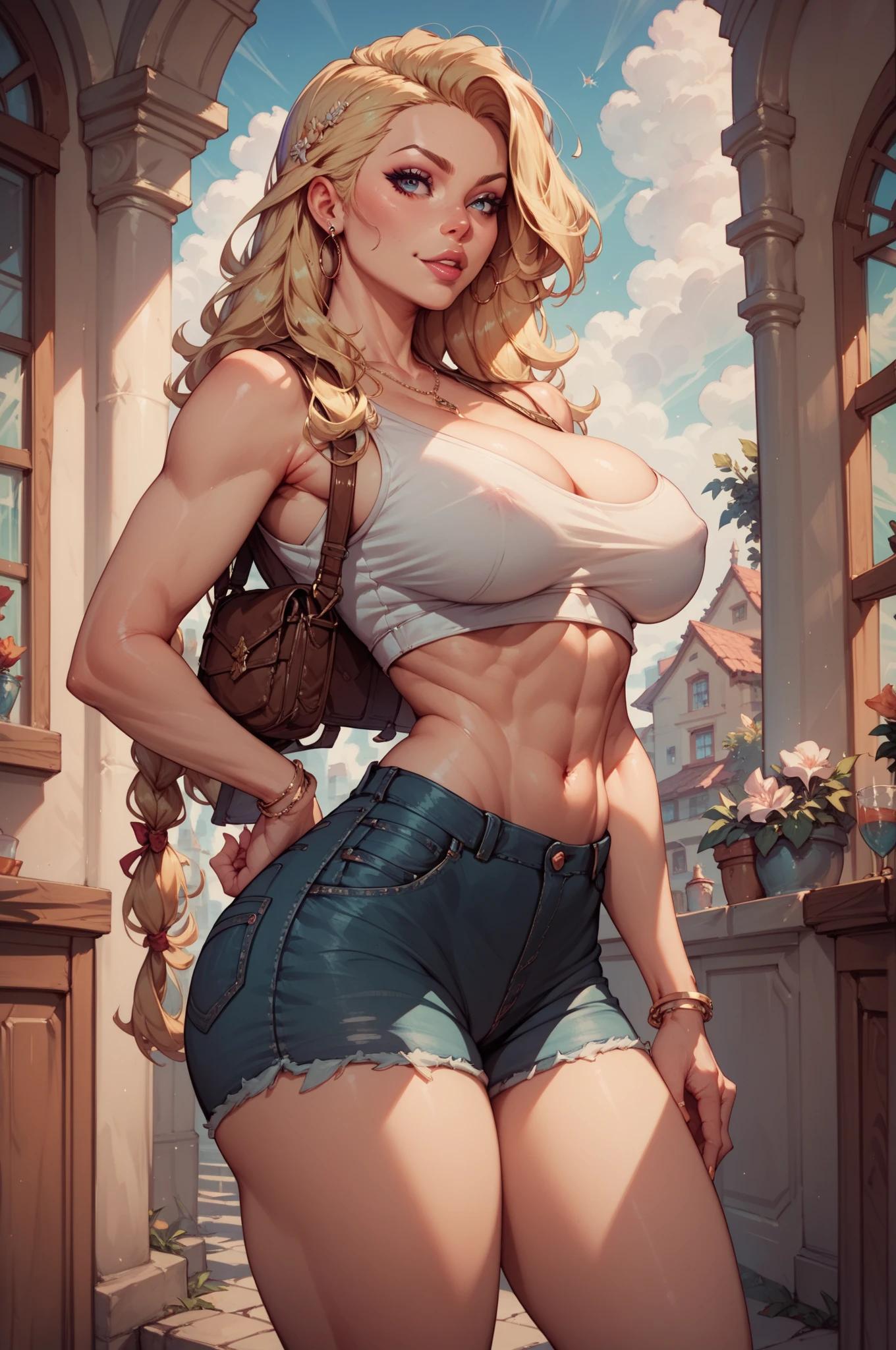 Perfect CG unity 8K UHD wallpaper(girl huge gigantic breasts cleavage showing bodybuilder very muscular toned body, pale skin, long blonde colored hair, vibrant glowing blue eyes, long detailed eyelashes) smiling sexy seductive facial expression, blushing, thick thighs, standing in a dynamic pose, wearing tank top and shorts, in a neighborhood park, perfect masterpiece, best quality, best resolution
