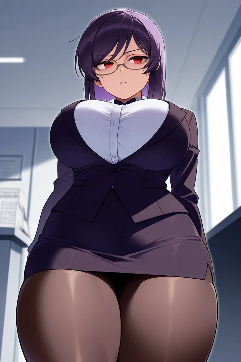 Ultra Real), (Illustration), (High Resolution), (8K), (Very Detailed), (Best Illustration), (Beautiful Detailed Eyes), (Best Quality), (Ultra Detailed), (Masterpiece) very big breasts, Bare shoulders attractive legs, (busty), (perky) (huge ass) (bubble butt) human_feet, messy hair, black hair, (purple eyes:1.1), barefoot, 1girl, mole under eye, short hair, white shirt, long sleeves, jacket, white shirt, necktie, collared shirt, pants, black jacket, black pants, formal, suit, black necktie, shirt tucked in, office lady, makima, bangs, ringed eyes,