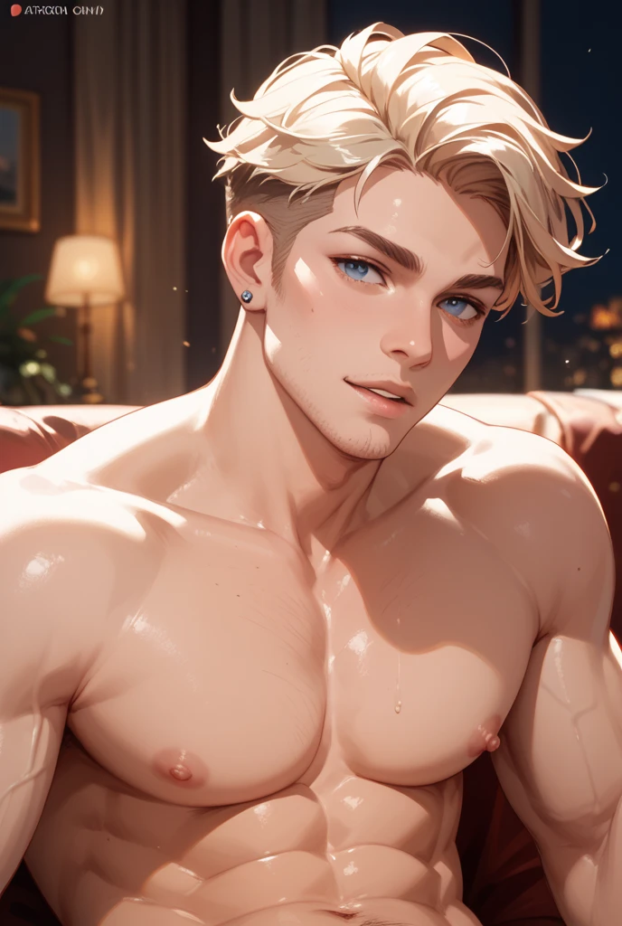 A handsome man, virile body, blonde hair in a masculine and modern cut, blue eyes in an old, low-quality hotel 