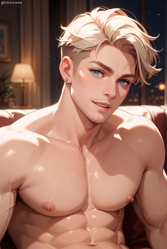 Handsome man with short hair. Blond. Black eyes. Nice smile. Sexy look. Hyper-detailed. Photorealistic. 8K. (high quality :1.4)