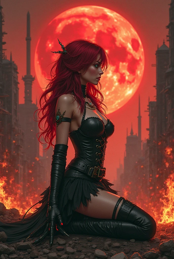 red haired woman wearing skimpy armor, pale skin, (intricate gothic evil), full body, makeup, eyeliner, standing, old ruined temple, smoke, ashes, ((detailed facial features)), (intricate details), (by luis royo, by frank frazetta)), (Professional), (Award winning), (deep shadow), (Soft bokeh), 8k, HDR,