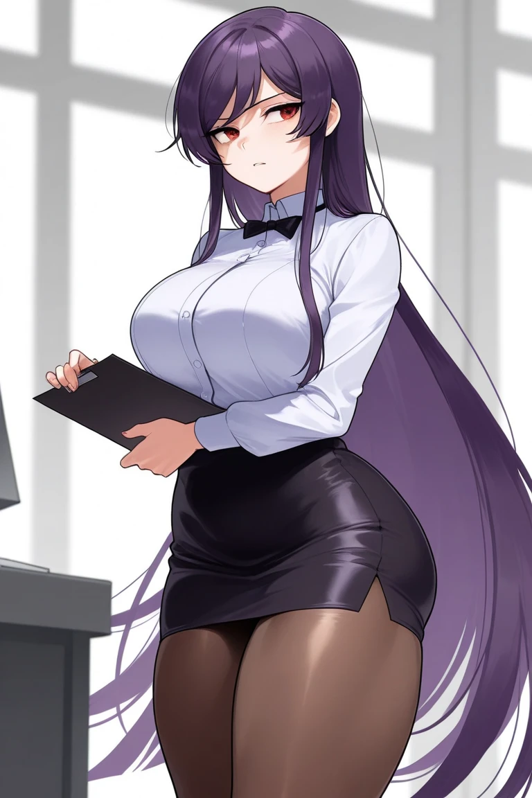 masterpiece, best quality, suzune, purple hair, red glasses, red eyes, white shirt, cleavage, lace trim, pencil skirt, garter straps, black thighhighs, high heels, large breasts, looking at viewer, classroom, (from below:1.4), contrapposto, hand on hip, serious, pov, dramatic angle