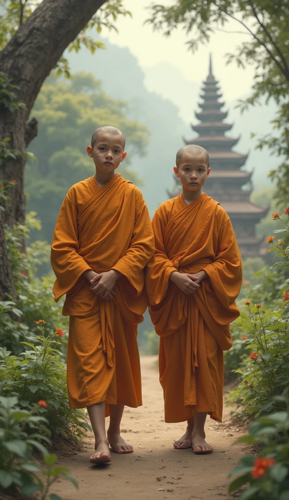 With a smile，Eyebrow beauty，Little monk without hair，Buddha sitting in front of the temple knocks on wooden fish