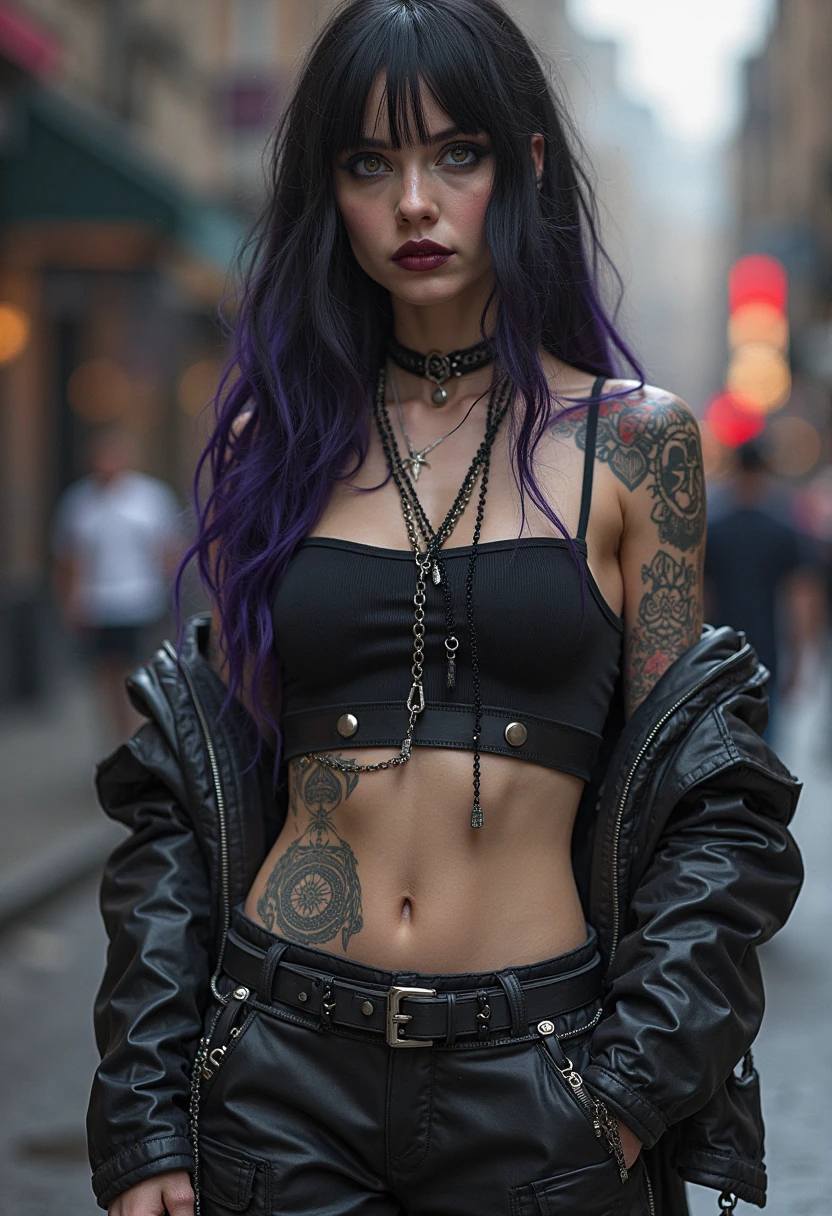 Photorealistic, ultra-detailed, Hot Rocker goth woman, portrait photo, Solo, edgy urban scene with graffiti, dark and moody, late evening, city lights flashing, green and magenta neon lighting The essence of rock and roll, ((cut hair with fringe, makeup)), 18 years old, Hot Body, Sexy, Sensual, assertive, confident expression, showcasing multiple piercings, blurry background, Crystal clear eyes gleaming with passion, analogue style, grunge texture, Best contrast, industrial, Instagram LUT, Professional, 4k, electrifying gaze, shot on Nikon, 50mm, shallow depth of field, K