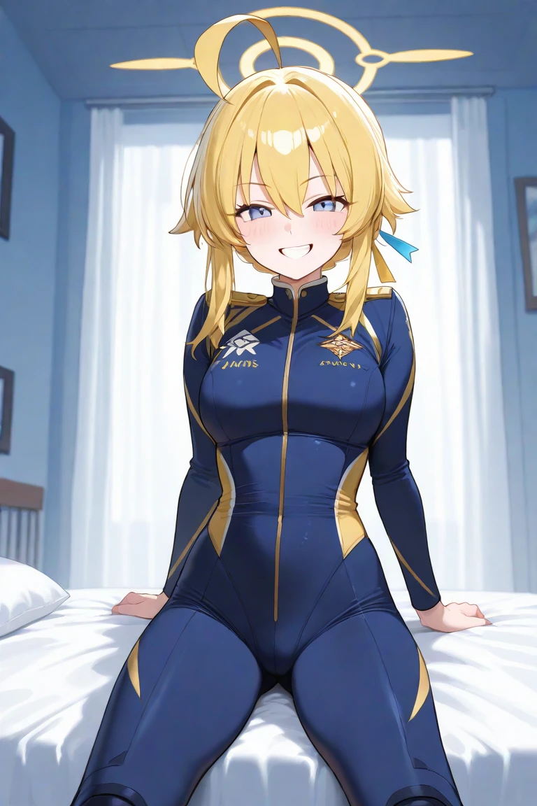 1girl, solo, arisa ichigaya, blonde long twintails, x hair ornament, large breasts, tight bodysuit, lying on bed, (from above view), blushing:1.3, crotch