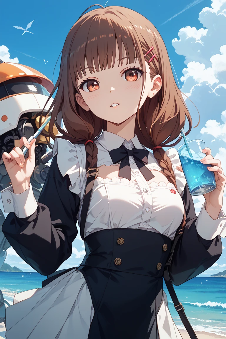 Eating Donuts, Miniskirt Police, The background is a world of ice, cute, beautiful, she, cute顔:1.5, Petite:1.5, 15 years old, Long Hair:1.5, ponytail, Brown Hair, Small breasts, uhd, retina, masterpiece, ccurate, anatomically correct, textured skin, super detail, high details, high quality, best quality, highres, 4K