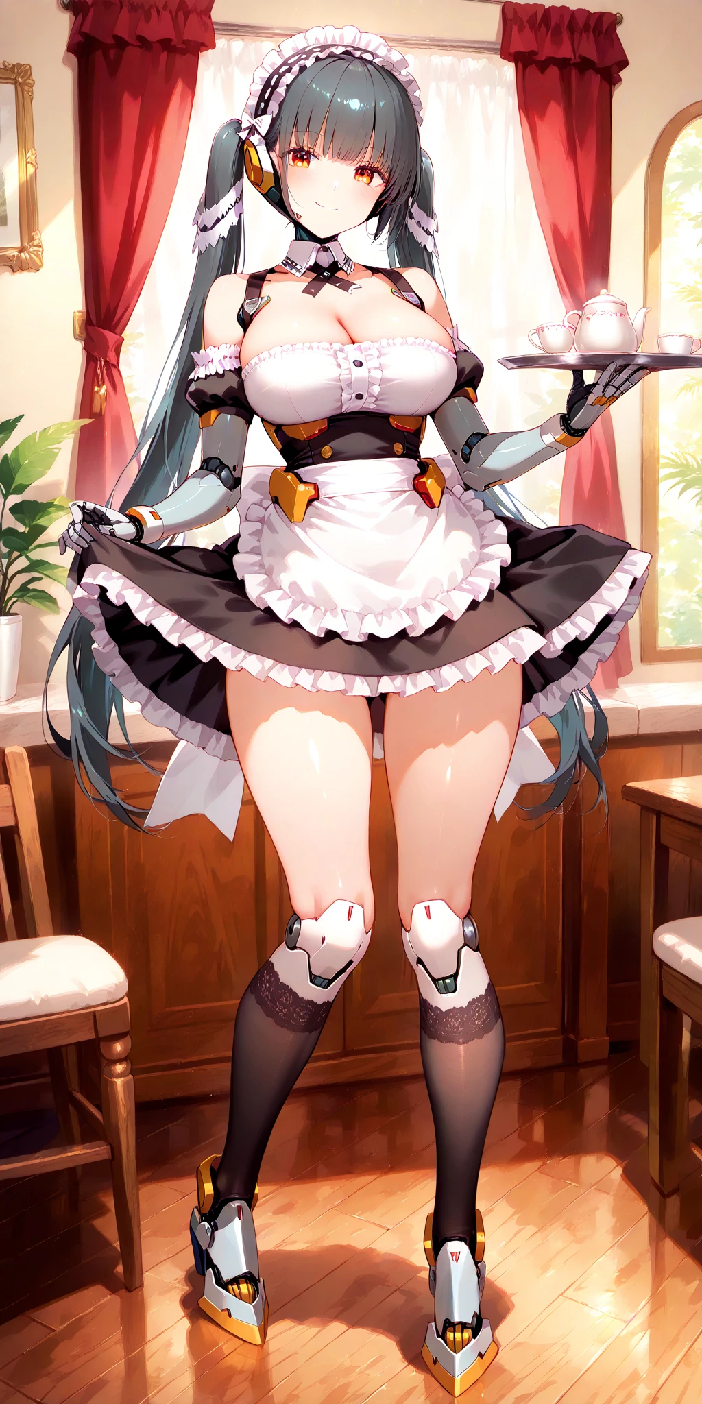 top quality、 authentic style 、masterpiece、Detailed Background、PORTRAIT PHOTO、 soft background blur 、Smooth skin、Soft jed black hair、Long Twin Tails, Maid Cafe Decor 、A scene where a cute maid with a smile brings tea、robot girl,Machinist Girl,The background is a classic European style interior、wooden furniture and lace curtains、black dress with white frills、mechanized foot,soft thighs,white apron、Ruffled headband、Lace Knee Socks、 black strap shoes、super clean night view、 bright and soft light 、very beautiful