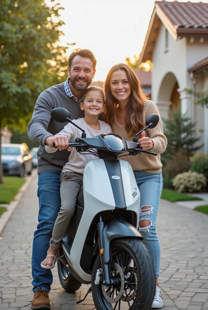 A small on a scooter’s with her mom and dad