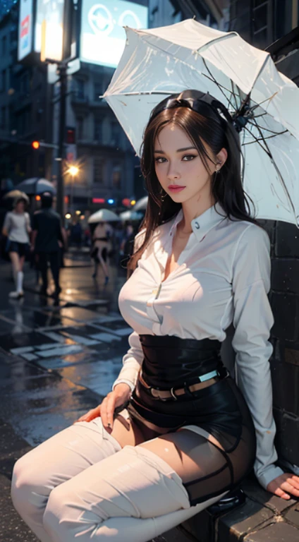 full-body portraits, photograph realistic, A beautiful Chinese mother, Adult video actress, In crowded subway cars, Get wet all over your body, Slim figure, Height 1.6m, perfect female shape, 34C breasts, Naked of breast, Slim waistline, Elongated legs, 28-inch hips, Wheat-colored skin, Full forehead, Slender eyebrows, Wear red and black erotic underwear, Suspender stockings, Stiletto heels, tempting pose, silver hair, streaked hair, bangs, messy hair, straight hair, hair slicked back, medium hair, jewelry, longeyelashes, earrings, makeup, serious, expressionless, red lips, cinematic lighting, three sided view, masterpiece, textured skin, super detail, best quality, 8k