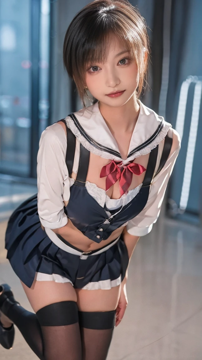 Japan woman in ringer suit posing for magazine, Tanyu Kano, Miko, 720p, Yoshitomo Nara, Goddess of Japan, teaser, Mai Yoneyama, Young sensual gravure idol, 4 K, (Best quality, 8k, Masterpiece :1.3)), Pretty woman with emphasizing slender abs :1.3, Huge breasts :1.2, Ultra-detailed face, Highly detailed lips, Double eyelid, angolmois, 1girl, solo, looking at viewer, skirt, hair ornament, school uniform, necktie, socks, hairclip, jaggy lines, kogal, classroom, indoors,