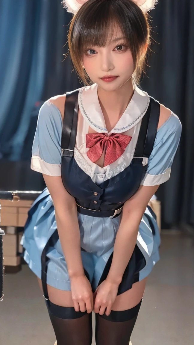 top quality, masterpiece, Ultra-high resolution, (Reality: 1.4), original photo, 1 girl, British Maid, Ruffled maid headband, Ponytail, Braided Hair, Ruffled shirt, Ribbon Tie, apron, Long skirt, Puff sleeves, White silk ruffled socks, glowing skin, No gray background, Flowers, Squat