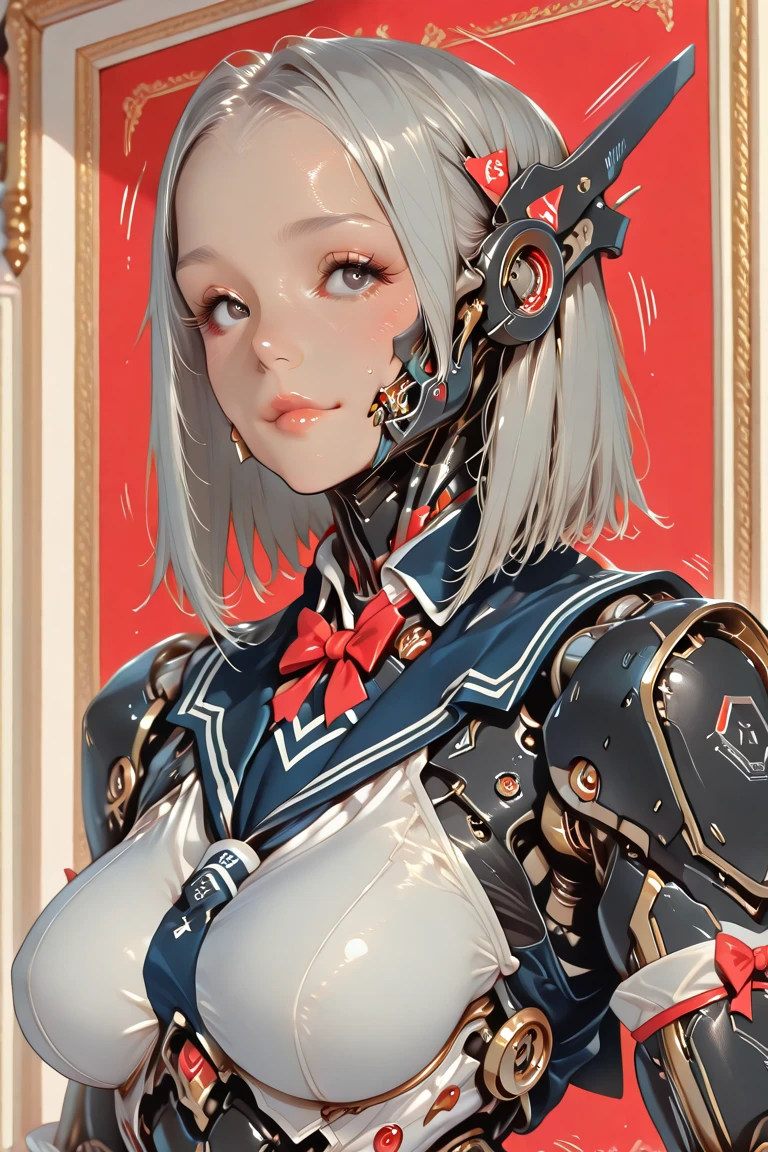 top-quality、masterpiece、超A high resolution、(Photorealsitic:1.4)、Raw photo、女の子1人、red hairs、glowy skin、1 Machine Devil、large metal wings、Metal horn、((super realistic details))、portlate、globalillumination、Shadow、octan render、8K、ultrasharp、Colossal tits、Raw skin is exposed in cleavage、Black fiberglass body、Details of intricate gilded ornaments、Sumerian details、About Cyberpunk、Glowing LEDs、IC chips、Data Links、Hydraulic cylinder、highly intricate detail、Realistic light、Red Eyes、radiant eyes、Facing the camera、neon details、Mechanical limbs、blood vessels connected to tubes、Mechanical vertebrae attached to the back、mechanical cervical attaching to neck、cowboy shot、Wires and cables connecting to the head、Luminous tube、Small LED lamp、