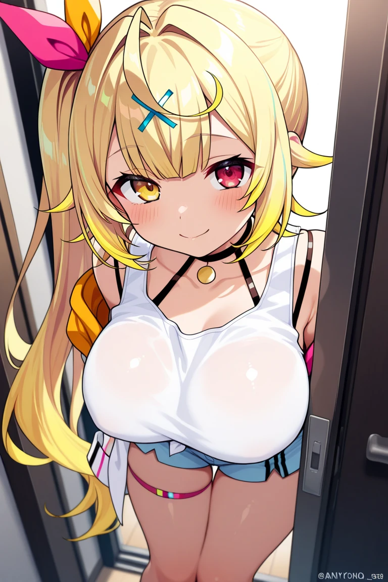pokemoncynthia, blonde hair, hair ornament, hair over one eye, long hair, (yellow eyes:1.5), (sensitive smile:1.2), (full tight latex bodysuit),looking at viewer, (Upper body:1.1),(Look at the front:1.1), indoor hall,((masterpiece)),((best quality)), high resolution,8k UHD,(beautiful detailed eyes:1.5), extremely detailed face,ultra detailed,perfect anatomy,arms behind back,((solo)),((1 girl)),(large breasts:1.5),perfect image,slim waist,