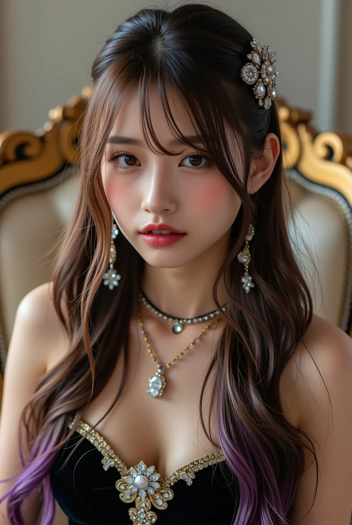 Portrait of a young saint of 20 years old, Saint with a beautiful and super cute face,naked, Beautiful cute face, There is a deep slit in the chest、Beautiful face without blemish, Lovely smile, ((7 colors of hair length:1.2)), Big Crown, Hair brooch, sheer Hamf Dress, Chinese ancient style, Full Body Jewelry, The female saint's chest is round、It's so full,small breast, Innocent face, The most beautiful and detailed pale lipstick, ((thin plump lips:0.3)), Delicate pink and white eyes (White and detailed) Cinematic, Light and Darkness, Dramatic Lighting, magical light, Highly detailed light, True Color, Super sharp, Realistic, The 8k quality, Fantasy universe background, Saints and magical spaces, The most detailed image, Solo, saints