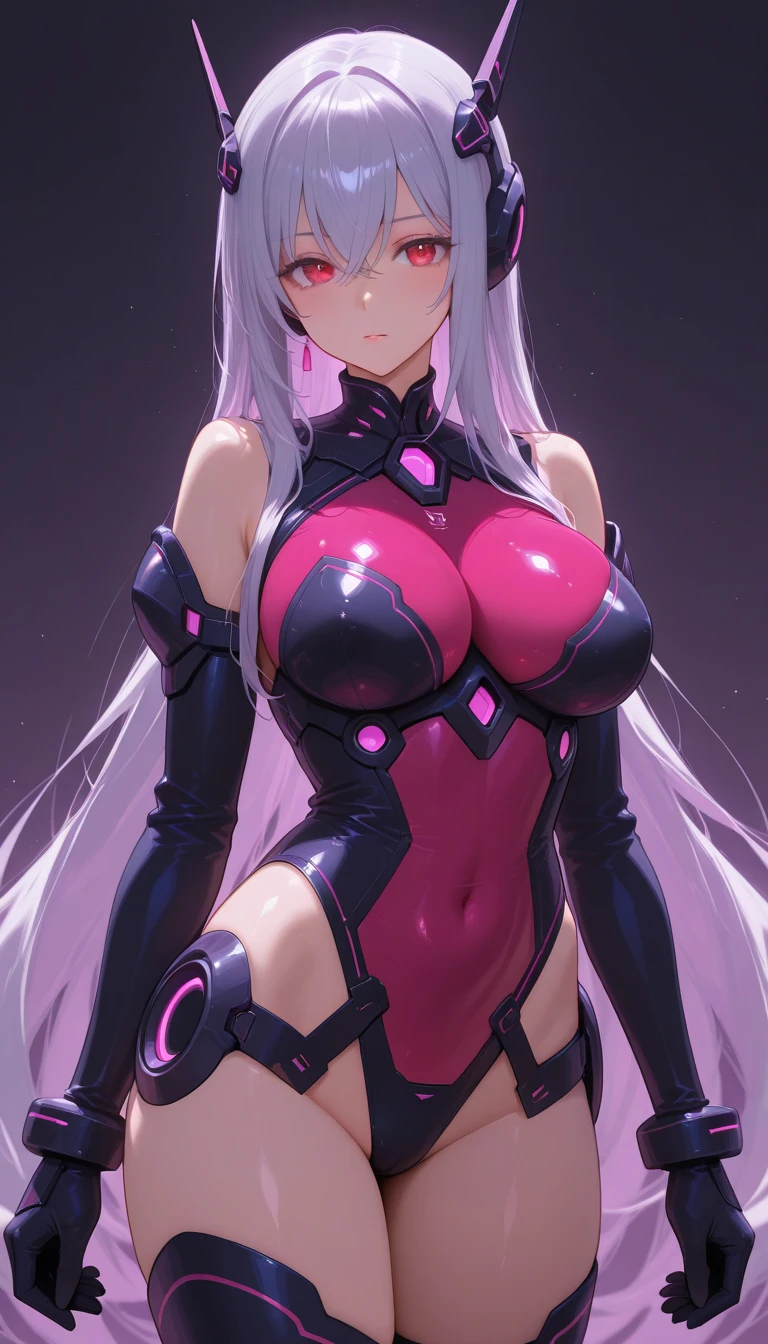 (ultra-definition),Big anime character with pink skin and silver hair, Tentacles wriggle behind,thick smooth warframe thighs, Guyver Style, fuchsia skin below the armor, Beautiful Lady in Warframe, Devil's Tail, gynoid body, Commission for high resolution, Widowmaker,