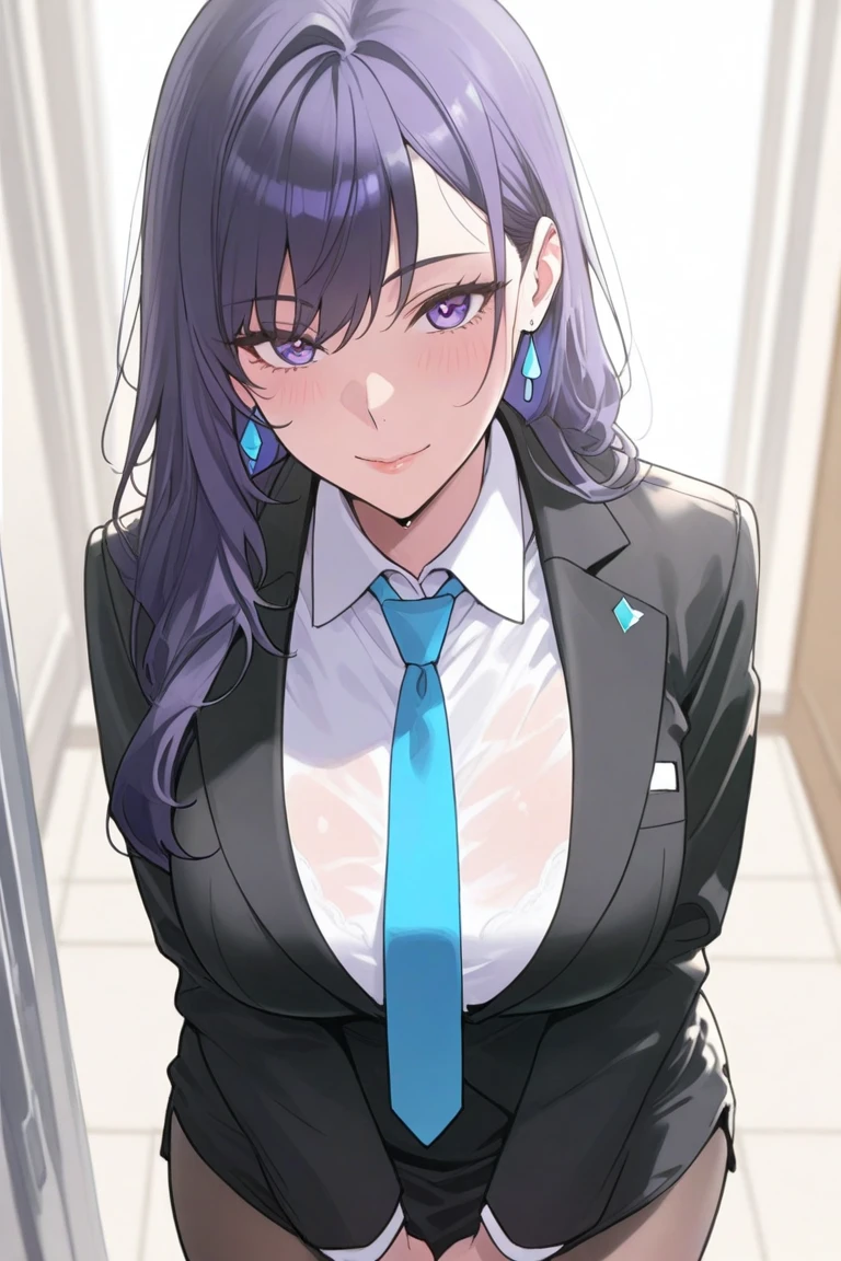 ponytail, (((Cleavage))), (((teacher, adult woman))), (((solo))), purple hair, ((((business suit)))), shirt, (((look down))), angry, whip, Slender, classroom, leggings, tight skirt, underware