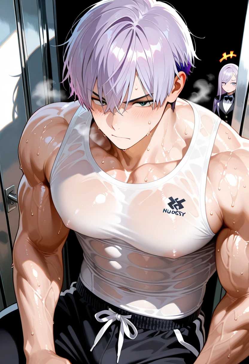1 male, white hair, red eyes, short hair, muscular, sitting on chair, ((holding popsicle )), popsilce melting, white (tank top:1.3), black shorts, in backyard, sunglasses, lifting tank top with a hand, bulge in shorts, glasses slightly down to show eyes, hard penis inside shorts bulge