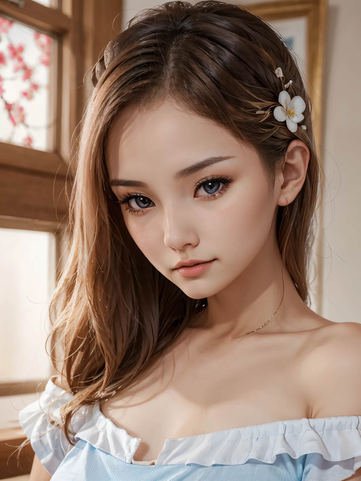 Fashion trendy beautiful and charming woman, gentle and charming Chinese beautiful woman, delicate and sexy collarbone, charming oval face, double eyelids, smart peach blossom eyes, pink lips, small nose, bare shoulders, focus on the face, close-up of the face, Ultra-high-definition, super-detailed, the white off-the-shoulder shirt perfectly echoes the light blue slit skirt, fresh and impressive