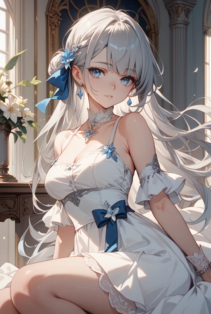 Silver hair and blue eyes、adult、Long, fluffy wavy hair、Braiding、Wearing lingerie、Classy and elegant