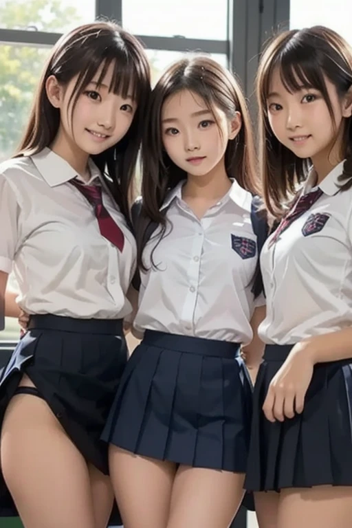 Browsing Caution, ((masterpiece)), ((Highest quality)), (Very detailed), ((cute)), cute, (Multi-point), ((sexy)), (device), ((Very detailed)), 4K, (8K), Highest quality, (beautiful), hyper cute face, ,hyper Genuineistic, Genuine, Dynamic Angle, ((whole body)), close, Thick outline, Clear contours, at school, (Two Girls, 2 cute girls:1.5), (Schoolgirl Uniform :1.5), beautiful light brown hair, beautiful brown eyes, ((beautiful eyes)), (Spread your legs out to the side:1.5), ((short hair)),  smile、shirt unbuttoned and open, nipples visible, not wearing bra, not wearing panties, lying on bed, viewer can see female genitalia and nipples, front, provocative smile on viewer's face, Full body figure, baby face, Bold Pose, Big breasts, Crotch open, Squatting cowgirl,