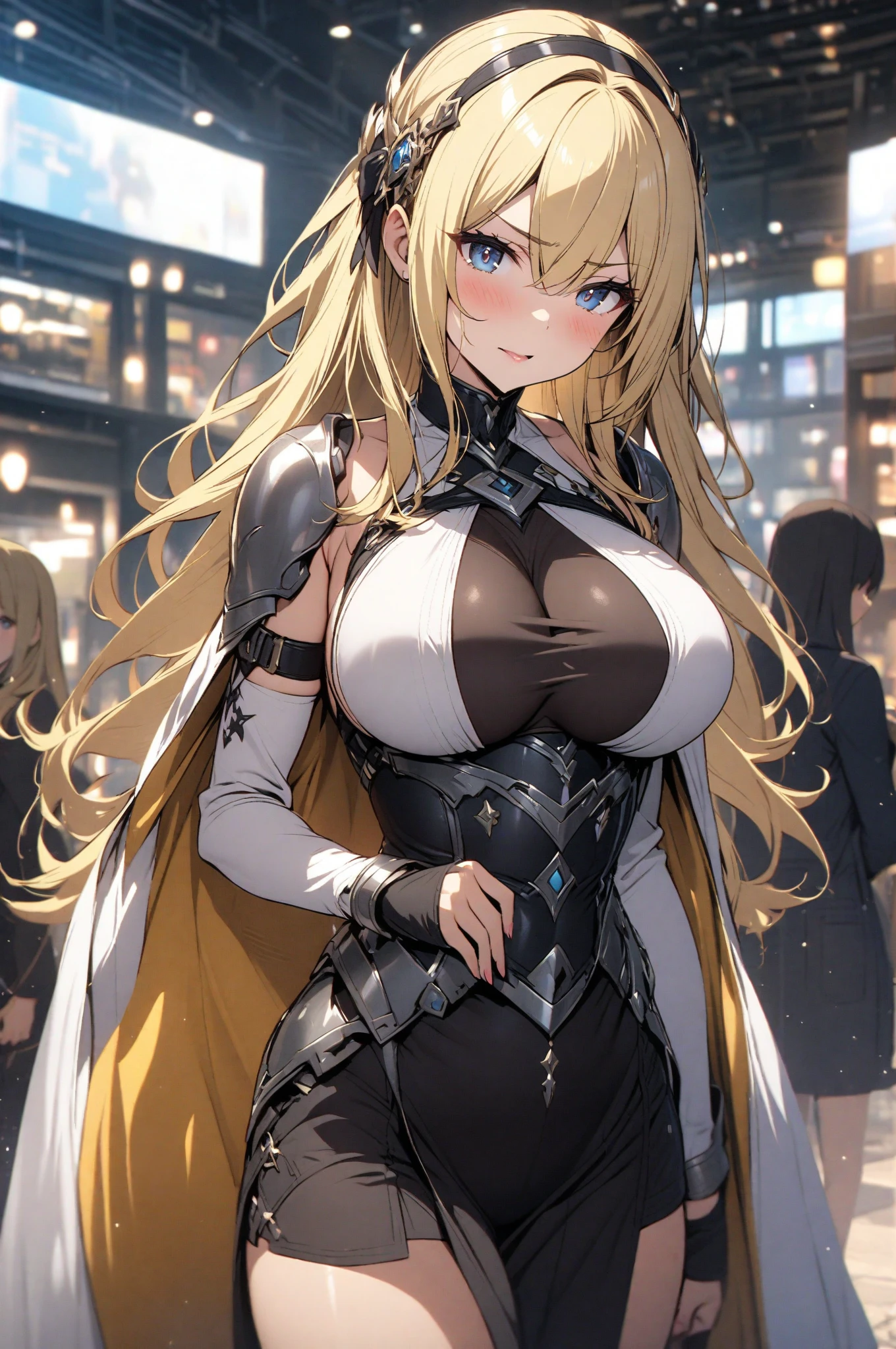 top-quality、Top image quality、masterpiece、femele((18year old、cute little、a blond、Longhaire、Black Robot Armor、Luminescent chest parts、Gold Arm、big bast、Bust 95、Breasts wide open、A slender、A smile、cyber eyes、Reflecting the whole body、))、hiquality、depth of fields、Background with((Cyberworld))、Depth((Computer mass))