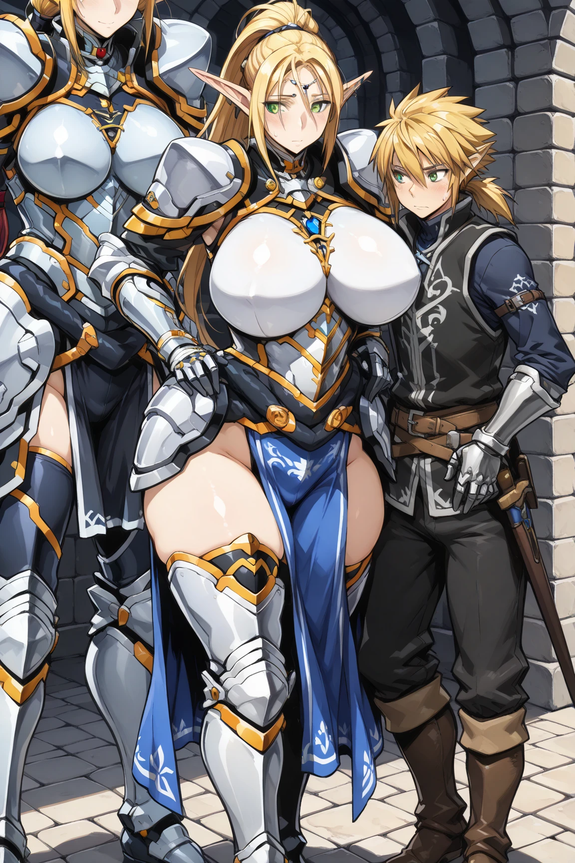 (Very detailed、Highest quality、Best image quality、masterpiece、8k)、(shoulder-length blonde hair:1.5、Medium Long Hair)、(smile、Open Mouth) 、(Hilarious)、(Big eyes)、(Beautiful and shining eyes)、(Detailed anime eyes)、(Puffy eyes)、(Big Breasts:1.8、only breasts are in full view :1.5、bare breasts:1.5 、bare nipples:1.5、 thick nipples、erection of nipple、pepperoni nipple、necklace)、((SFW Huge Body:1.8))、(knight armor、Wearing white bikini armor:1.5、High leg T-back、Arm Armor、Leg armor:1.5、armor on the waist:1.5、Waist belt:1.5、Thigh-high socks、Garter Straps:1.5、Put on a helmet:1.5)、(Cowboy Shot)、(Hands on hips)