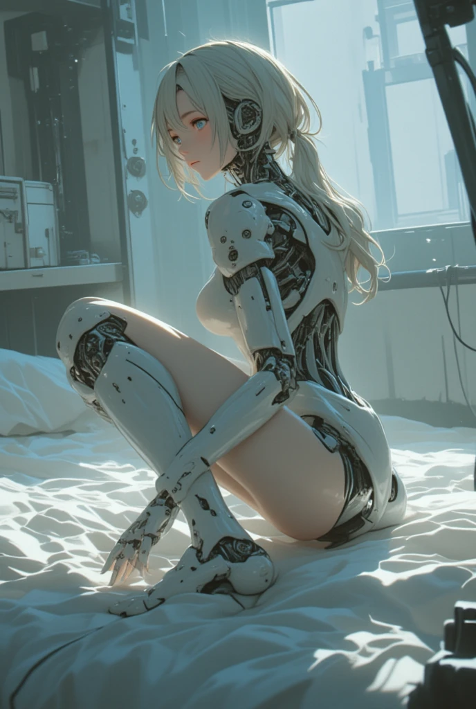 Light from the front、Super detail、Best quality, color difference, inside in room,Beds,Clean pink sheets,The walls are covered with female masks,The walls are covered with accessories,foco nítido, Dynamic lighting, Cinematography lighting、(Well equipped:1.9),(photo-realistic:1.9),(best qualtiy: 2.0),(超高分辨率: 2.0),Authentic cinematic feel, Small luminous lamps, globalillumination, Best-in-class ray tracing quality, Complex LED lamps,Pink atmosphere,超高分辨率, ((Photorealistic: 1.4), ((A smile:1.8)),Hyper-realistic, Hyper-realism, depth of fields、vanishing point,detailed photograph, depth of fields、vanishing point、light coming from above、Textured skin, Super detail、Best quality, Deep shadows, Octane rendering, 8K,Metal and lace, glass,plastics,Transparent housing,Intricate Ornament Details,Complicated details, complex 3 d render,Edge lights,ultra-realistic realism,parfect anatomy,metal, (Highly detailed, Fine details, iintricate),Cable Electrical Wire,micro Chip,unreal-engine,fanciful,Sharp focus,Luzes Realistas, CGSoation trend,sci-fy,scientific fiction,Android,man-made,Artificial creatures,dwarf,Height 135cm,closeup cleavage,Service-oriented,1 mechanical, 1robot,Spider robot,looking at the observer,Have a feminine body, cyborg people,knee bend,cyborg robot parts,The torso is made of glass, semi transparent、Delicate short hair,Clear belly,The inside of the abdomen is visible,Glass belly,Simple mechanical legs,Mechanical thighs,Human skin buttocks,Human buttocks,Human skin crotch, Mechanical posterior part of the neck,Artificial skin on the buttocks,There are shiny lines on the body, Smooth and futuristic, Sleek and beautiful, sci-fy, future design, Mechanical limbs, Mechanical neck,Mechanical waist,Lace garter,Tubes attached to mechanical parts, Mechanical vertebrae, mechanical cervical attachment to the neck, wires and cables connecting to head, Open mechanical surface,transparent backround,Clear legs,Transparent pubic bone,Pink LED at the crotch,Glowing pubic bone,Glowin