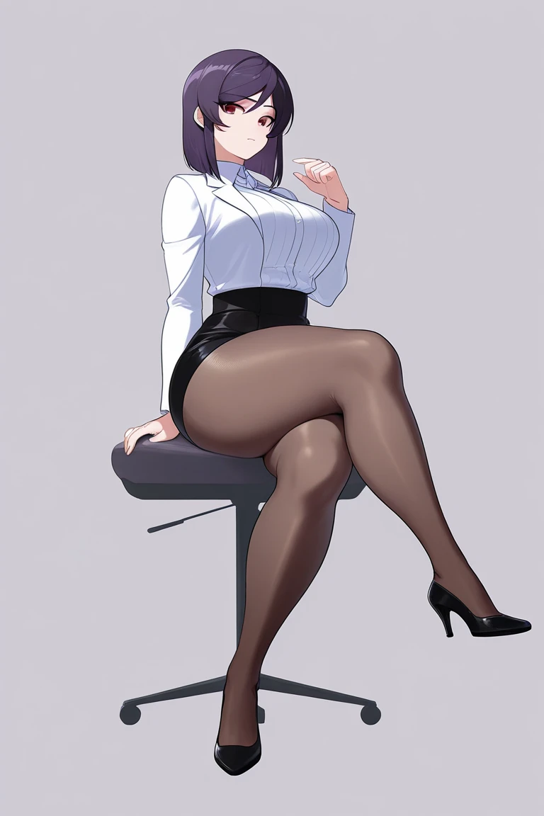 masterpiece, best quality, suzune, purple hair, red glasses, red eyes, white shirt, cleavage, lace trim, pencil skirt, garter straps, black thighhighs, high heels, large breasts, looking at viewer, classroom, (from below:1.4), contrapposto, hand on hip, serious, pov, dramatic angle 