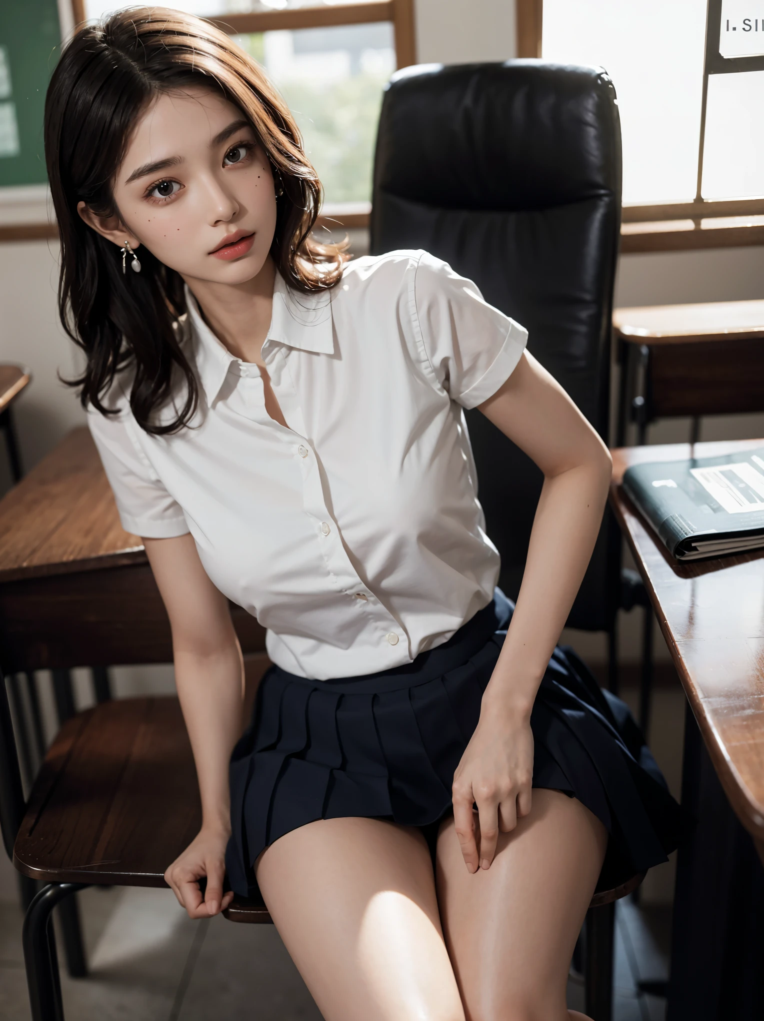 absurdres, RAW photo, extremely delicate and beautiful, masterpiece, Best Quality, ultra high resolution, 32k, hyperrealistic, ultra-detailed, perfect anatomy, perfect figure, super Detailed skin, Very detailed CG 8k wallpaper, in her 20s, very Slim body, narrow waist, very small head, very small face, delicate facial features, tearful mole, earring, thin legs, (very huge round breasts:1.2), (full body shot:1.2), 1 girls, middle hair, (wavy hair:1.2), (wet clothes:1.1), (school uniform:1.2), collared shirt,