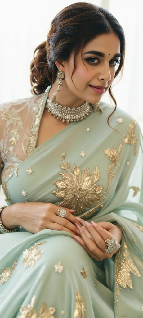 In this photograph, an Indian Instagram female model in her mid-20s takes center stage. She has curly hair, styled in a classic bun with jasmine flowers. Her highly detailed face exudes warmth with a smile. The background showcases a 5-star hotel’s moody private study, evoking a sense of luxury and sophistication. The photograph, captured by Lee Jeffries using a Nikon D850 with a film stock of 4 Kodak Portra 400 and a camera f1.6 lens, displays rich colors, hyper-realistic and lifelike texture, dramatic lighting, and realistic detail.

The model wears an elegant and sophisticated traditional violet saree. The saree features a vibrant and intricate design with rich colors and detailed patterns, draped gracefully around her. Her blouse is short-sleeved with intricate embroidery and beadwork, complementing the saree’s luxurious fabric. She adorns herself with traditional jewelry, including bangles, earrings, and a necklace.

The photograph is meticulously captured in 8K resolution using cutting-edge techniques such as Cinema 4D and Octane Render, resulting in a highly detailed and photorealistic image. Studio lighting, HDR, and a smoky mist create a captivating ambiance, while the bokeh effect adds an artistic touch.