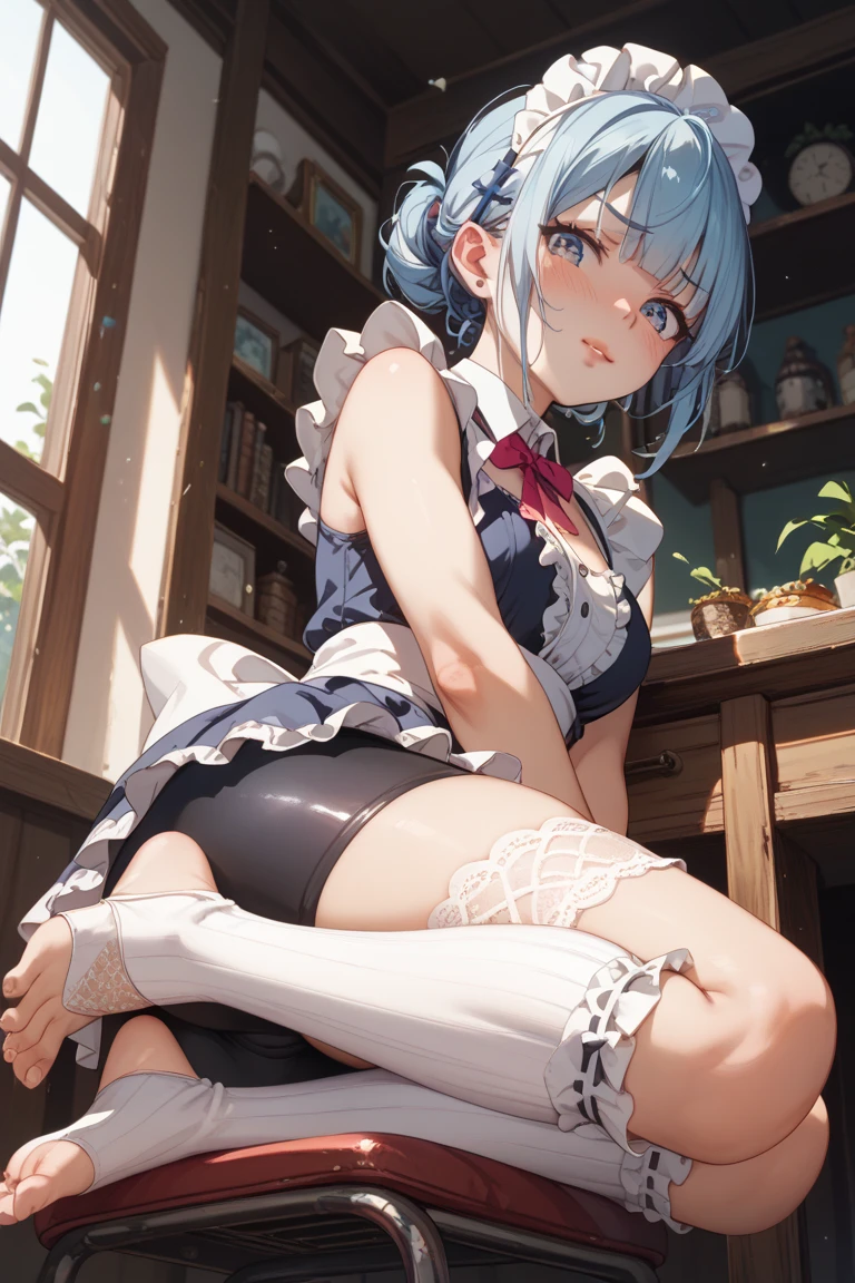 whole body、, 8K, Top quality, Masterpiece, Ultra-definition, Short hair, hair over one eye, Blue hair, Covers butt with hands, Lipstick, Full body, Cooking, Naked, Wearing red apron, Wearing slippers sitting, blushing, home kitchen, wearing a red apron, crawling on all fours, leaning forward, angle from below, perfect hands, fine hands, night