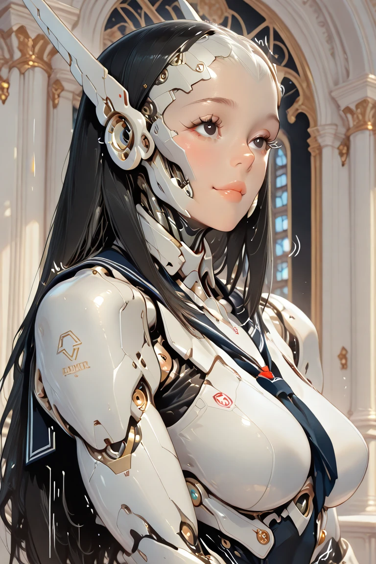 A beautiful photograph of mid-twenties Japanese female robot made of white and silver transparent glass and plastic, geisha makeup, black hairstyle, silver and gold metal internal body mechanisms, dynamic pose, flowing organic construction, detailed engraving, glowing golden circuitry, colorful neon trim, detailed engraving, lacework designs, glowing circuitry, neon trim, art by H.R. Giger, Greg Rutowski