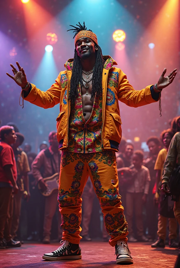 Cantor gay, blacksad. bonitas. He is on stage singing and dancing. He has knee-length dark blonde dreadlocks., is wearing a neon outfit , open jacket with shirt and pants of the same color. Beautiful and stylish, Pop Singer style