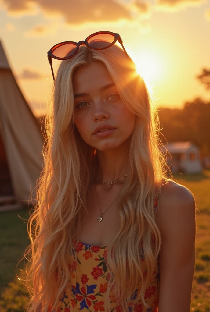 take the last image of this cute blonde girl, hawaii outfit, a wreath on her neck, sunrise, medium breats