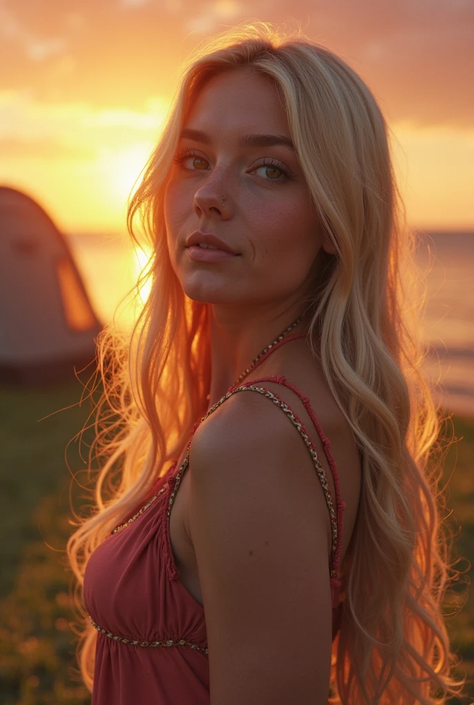 raw photo, one picture in a roll, she looks to camera, takes your hand, embracing you, ASMR tingles, she is loving and calming, bringing you into the warmth of the yurt, into the sunset light, sun set orange, pink, violet, aqua, paynes grey, cumulus, soft and warn into her world